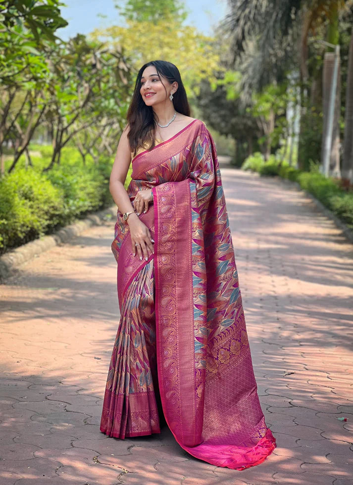 Dixz Fashion Kanchipattu Silk Saree with Contrast Weaving Border