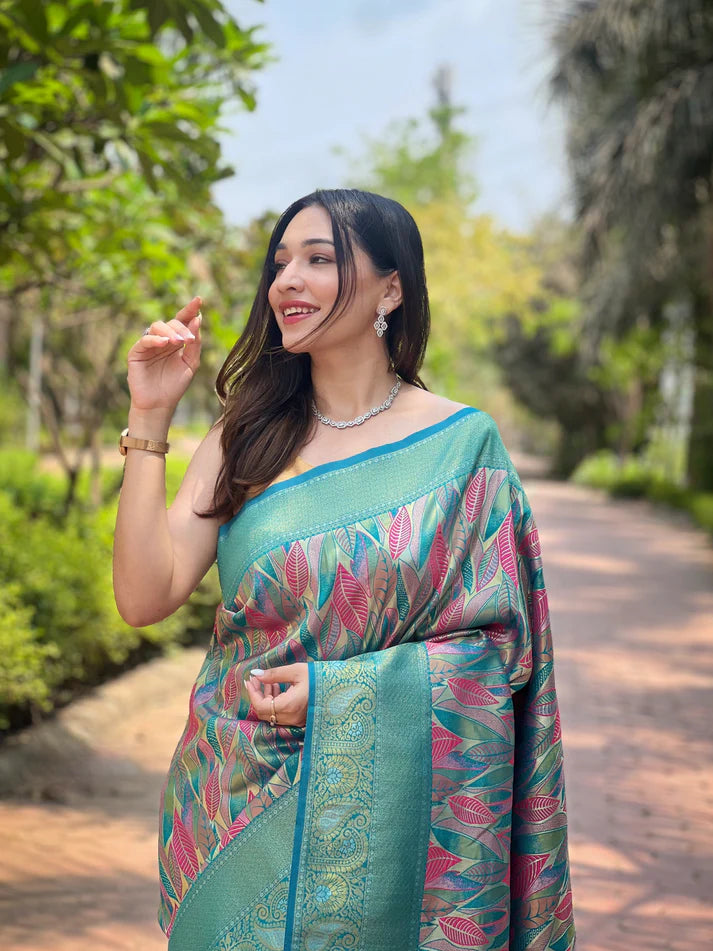 Dixz Fashion Kanchipattu Silk Saree with Contrast Weaving Border