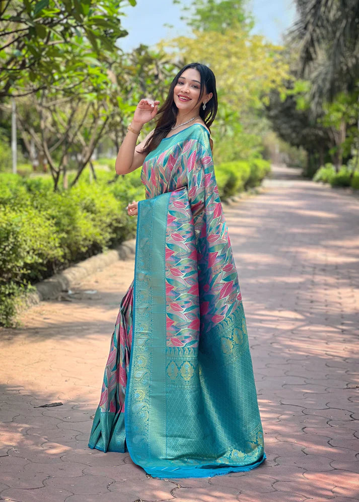 Dixz Fashion Kanchipattu Silk Saree with Contrast Weaving Border