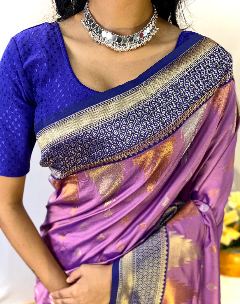 Dixz Fashion Ashmita – Semi Kanchi Silk Saree with Temple Border & Rich Zari Weaving
