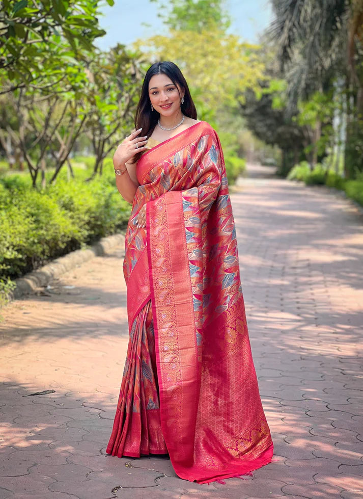 Dixz Fashion Kanchipattu Silk Saree with Contrast Weaving Border