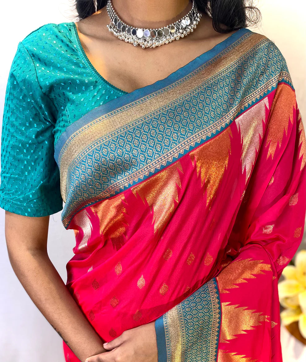 Dixz Fashion Ashmita – Semi Kanchi Silk Saree with Temple Border & Rich Zari Weaving