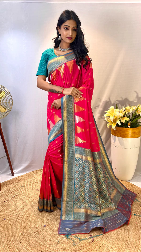 Dixz Fashion Ashmita – Semi Kanchi Silk Saree with Temple Border & Rich Zari Weaving
