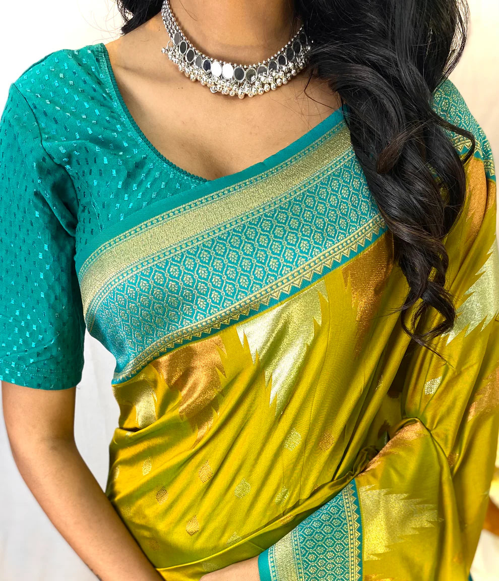 Dixz Fashion Ashmita – Semi Kanchi Silk Saree with Temple Border & Rich Zari Weaving