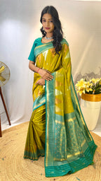 Dixz Fashion Ashmita – Semi Kanchi Silk Saree with Temple Border & Rich Zari Weaving