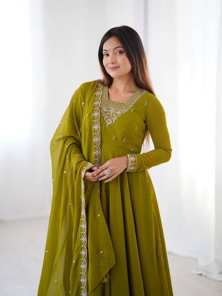 DIXZ FASHION PURE SOFT FOX GEORGETTE FABRIC FULLY FLAIR ANARKALI WITH DUPPTA SET & PENT READY TO WEAR