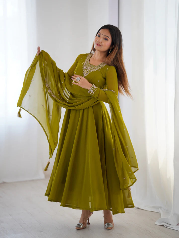 DIXZ FASHION PURE SOFT FOX GEORGETTE FABRIC FULLY FLAIR ANARKALI WITH DUPPTA SET & PENT READY TO WEAR