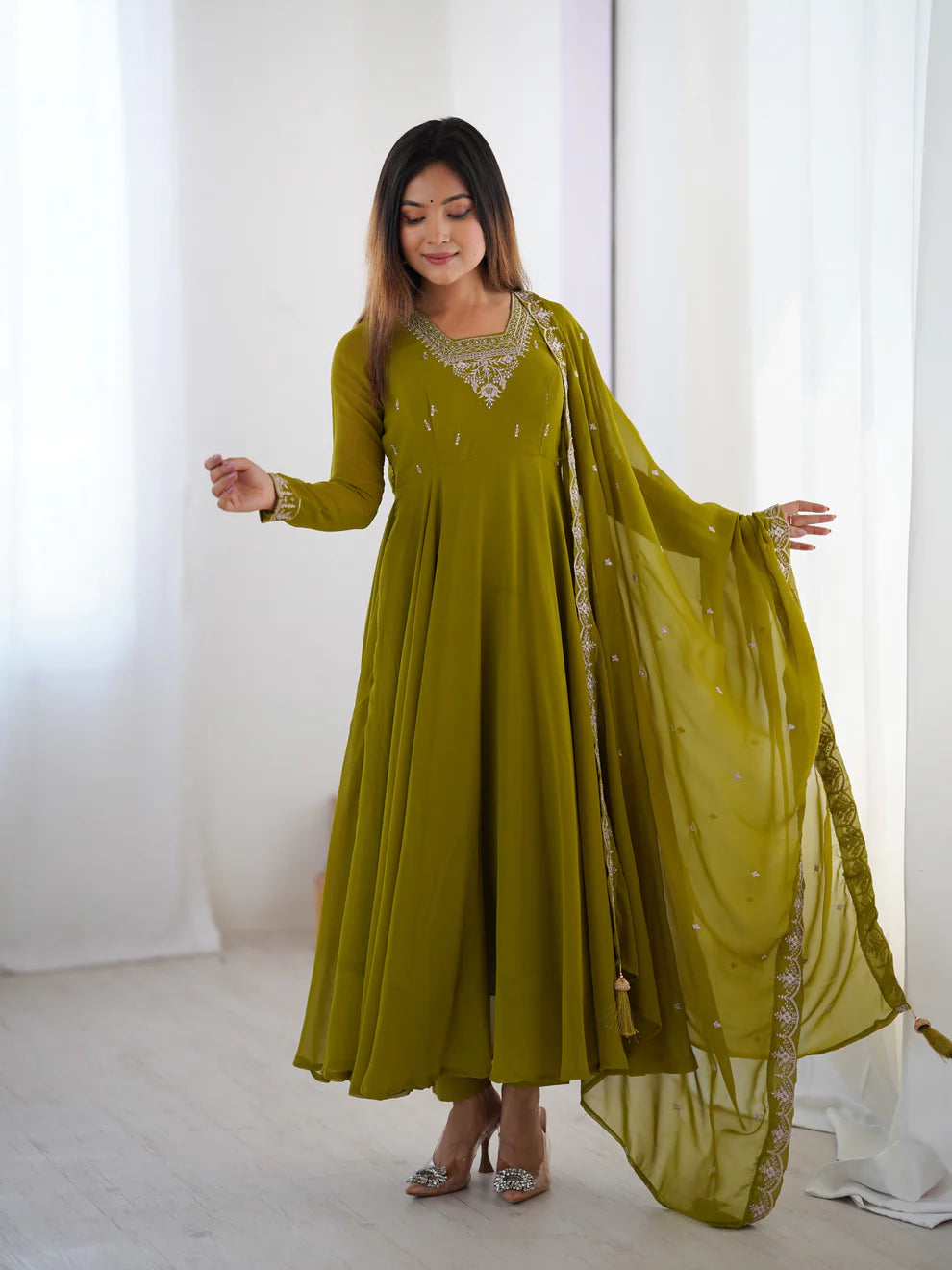 DIXZ FASHION PURE SOFT FOX GEORGETTE FABRIC FULLY FLAIR ANARKALI WITH DUPPTA SET & PENT READY TO WEAR