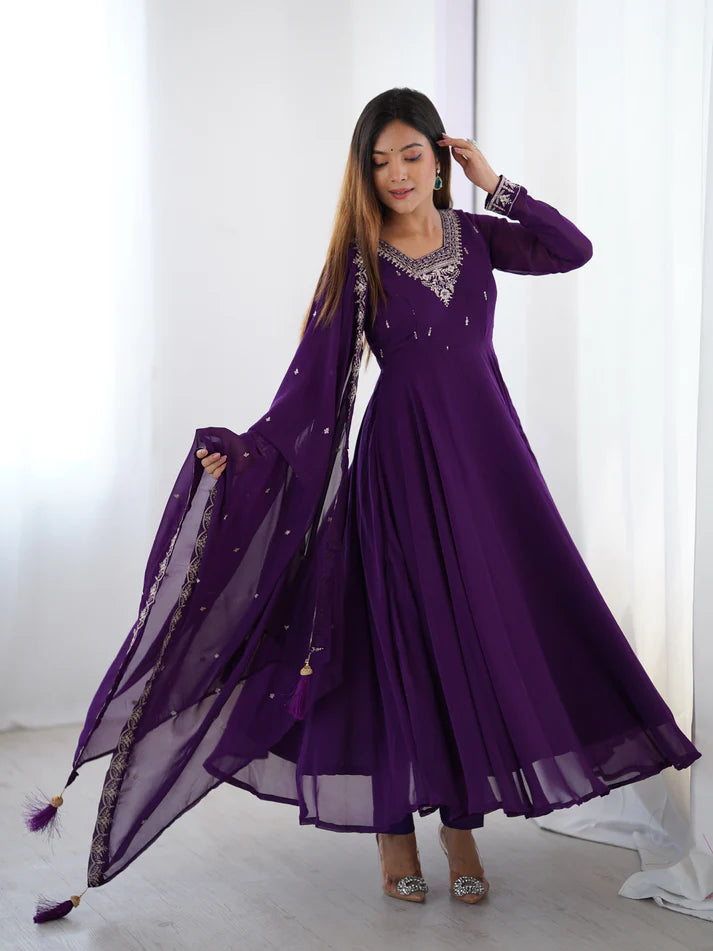 DIXZ FASHION PURE SOFT FOX GEORGETTE FABRIC FULLY FLAIR ANARKALI & PENT WITH DUPATTA