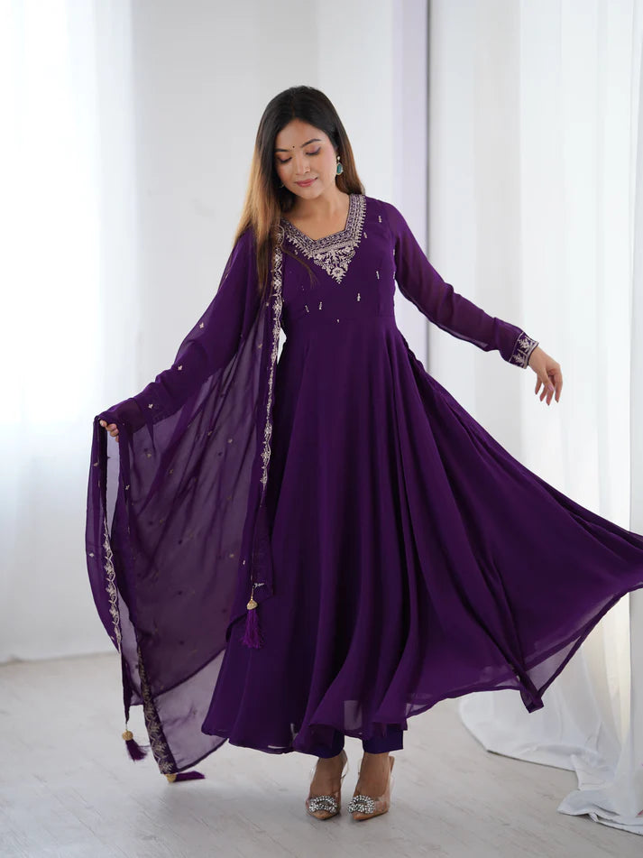 DIXZ FASHION PURE SOFT FOX GEORGETTE FABRIC FULLY FLAIR ANARKALI & PENT WITH DUPATTA