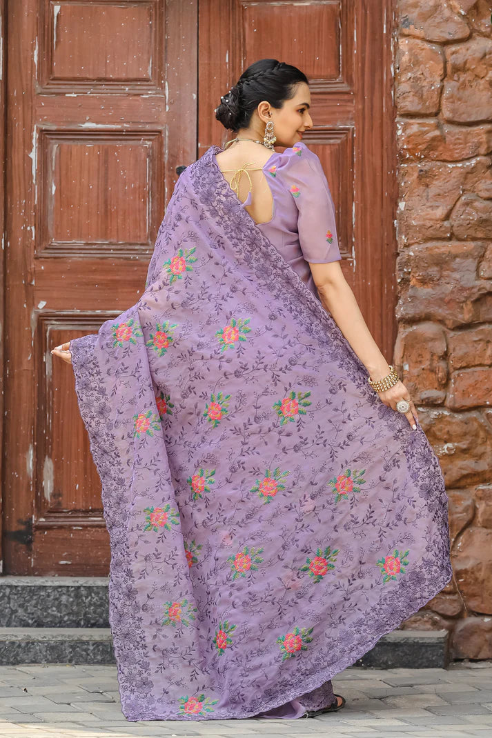 Dixz Fashion Pure Zari Chiffon Saree with Embroidery & Cutwork