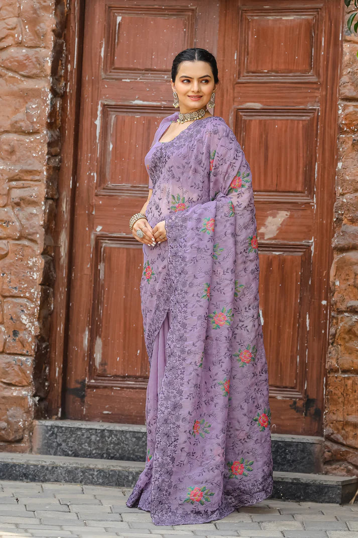 Dixz Fashion Pure Zari Chiffon Saree with Embroidery & Cutwork
