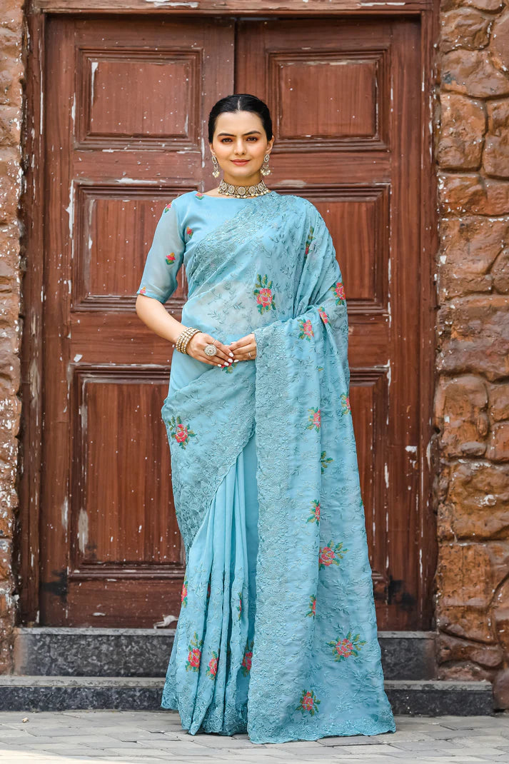 Dixz Fashion Pure Zari Chiffon Saree with Embroidery & Cutwork