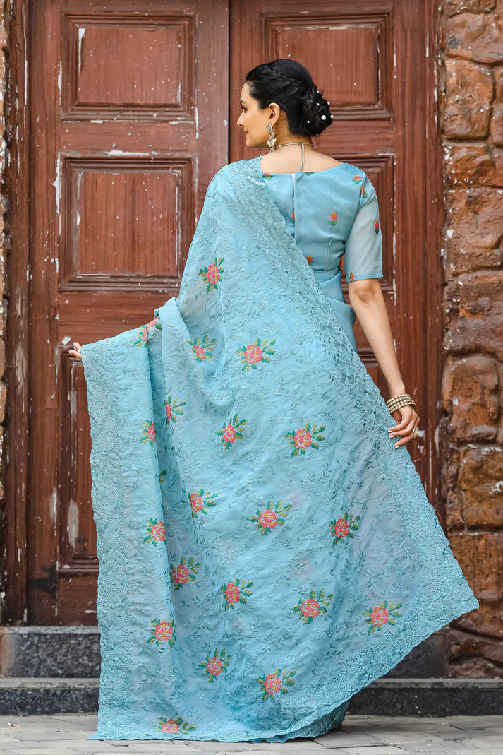 Dixz Fashion Pure Zari Chiffon Saree with Embroidery & Cutwork