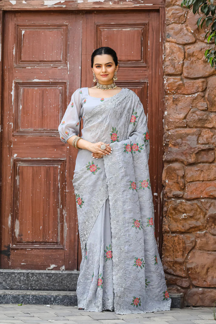 Dixz Fashion Pure Zari Chiffon Saree with Embroidery & Cutwork