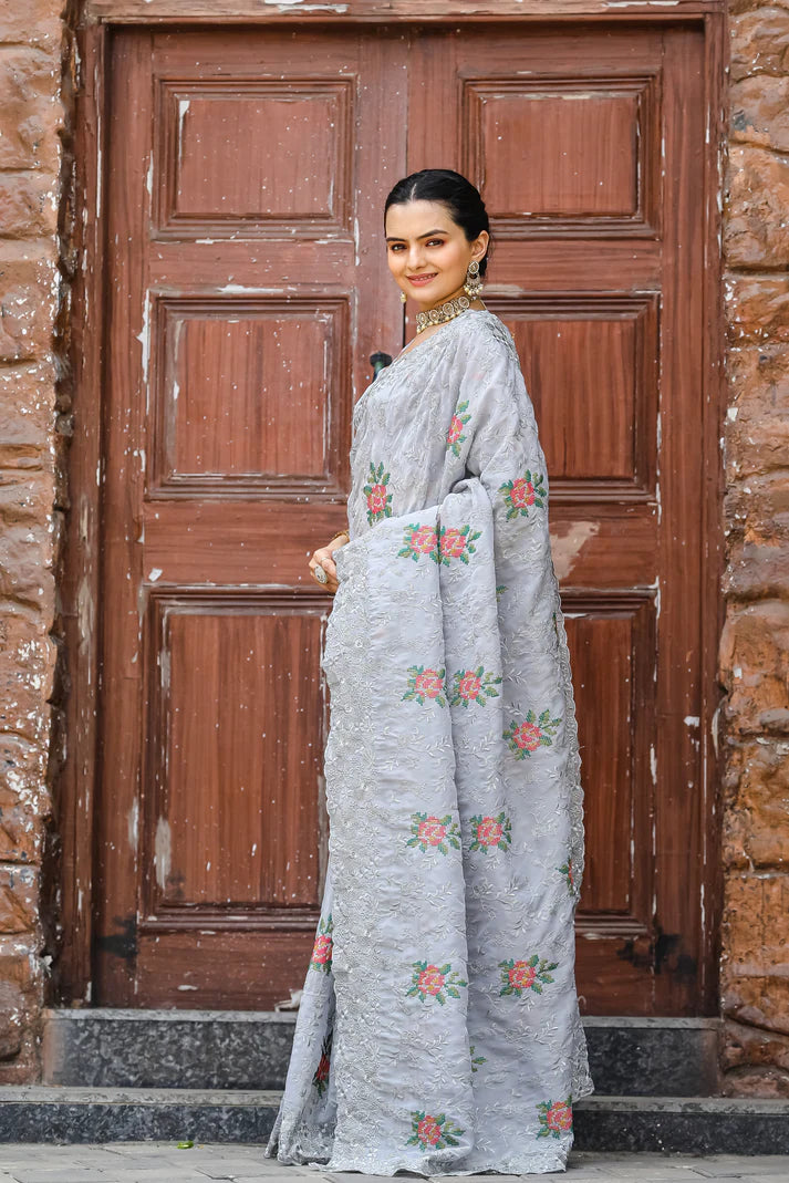 Dixz Fashion Pure Zari Chiffon Saree with Embroidery & Cutwork