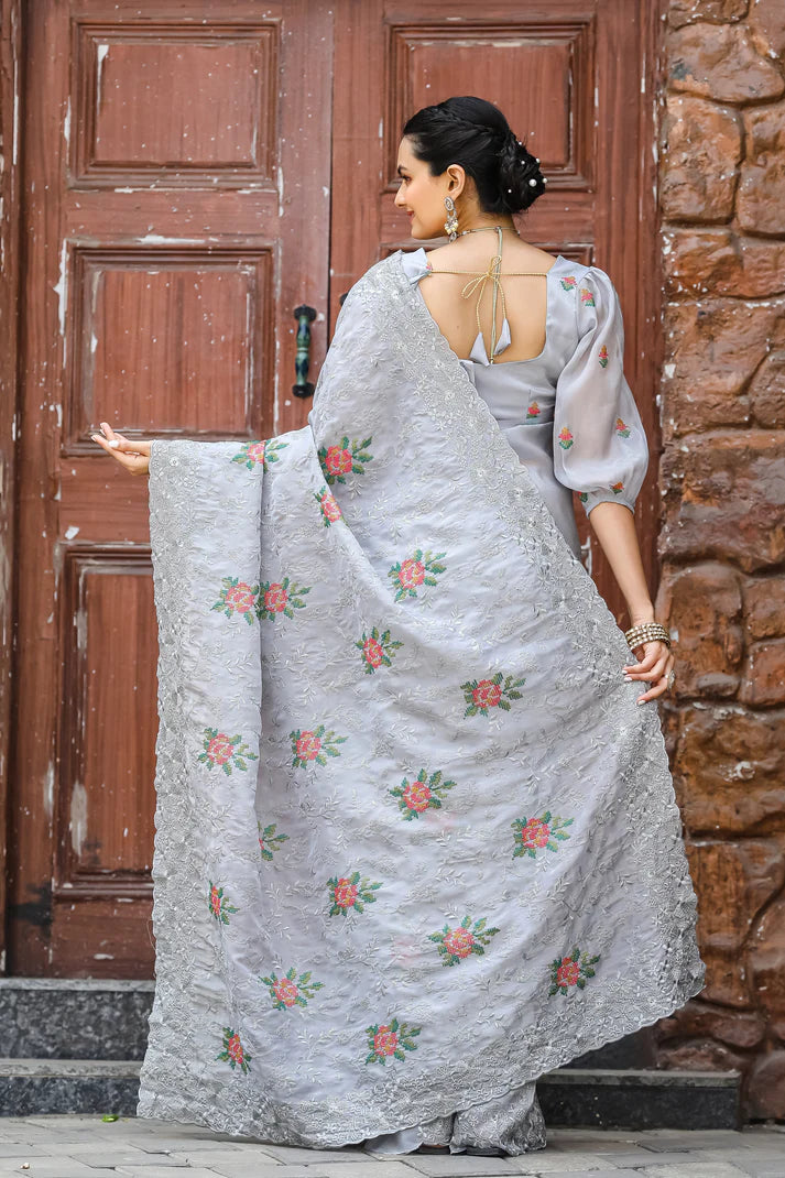Dixz Fashion Pure Zari Chiffon Saree with Embroidery & Cutwork