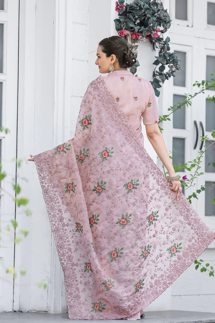 Dixz Fashion Pure Zari Chiffon Saree with Embroidery & Cutwork