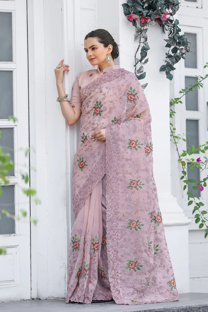 Dixz Fashion Pure Zari Chiffon Saree with Embroidery & Cutwork