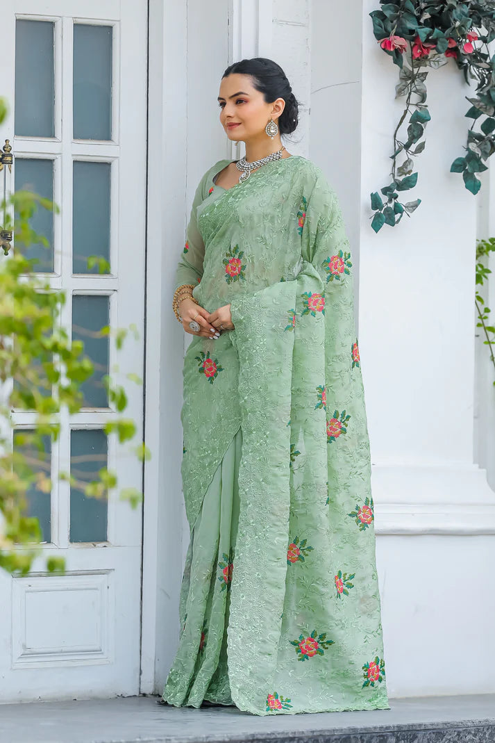 Dixz Fashion Pure Zari Chiffon Saree with Embroidery & Cutwork