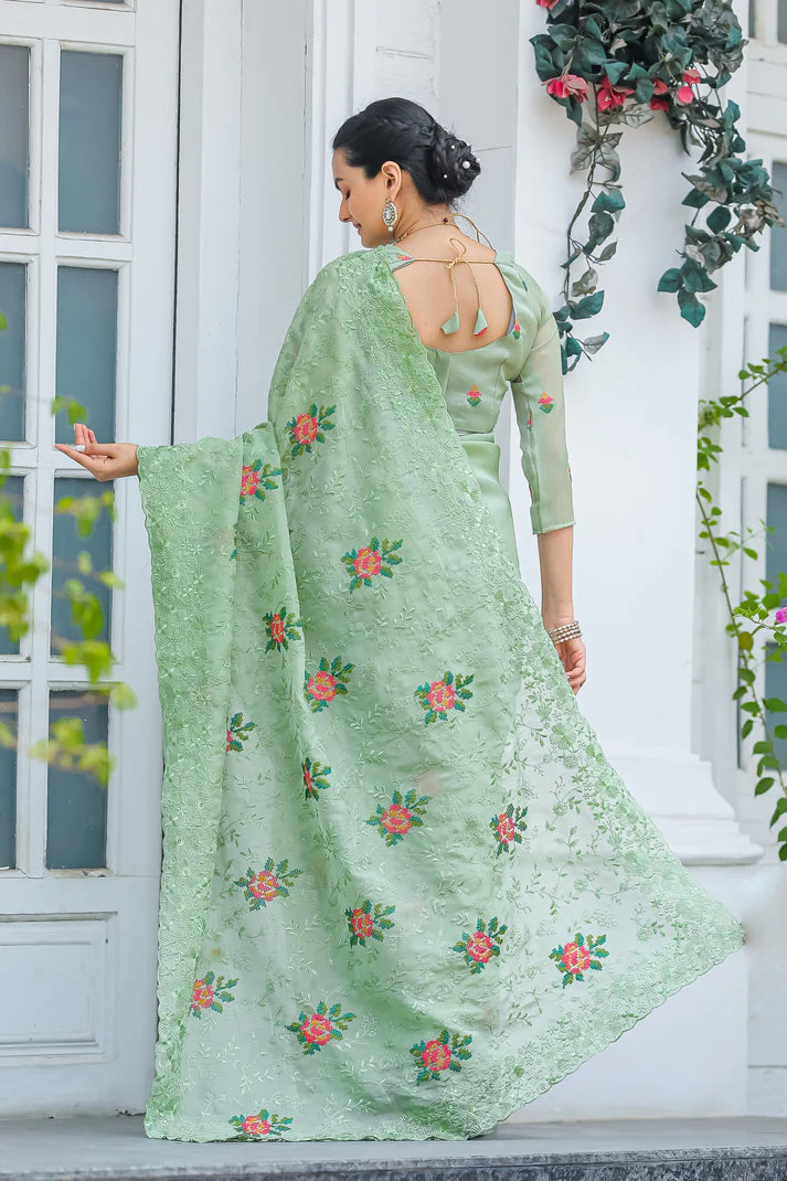 Dixz Fashion Pure Zari Chiffon Saree with Embroidery & Cutwork
