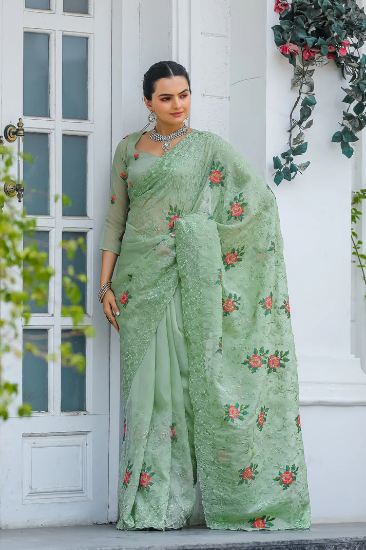 Dixz Fashion Pure Zari Chiffon Saree with Embroidery & Cutwork