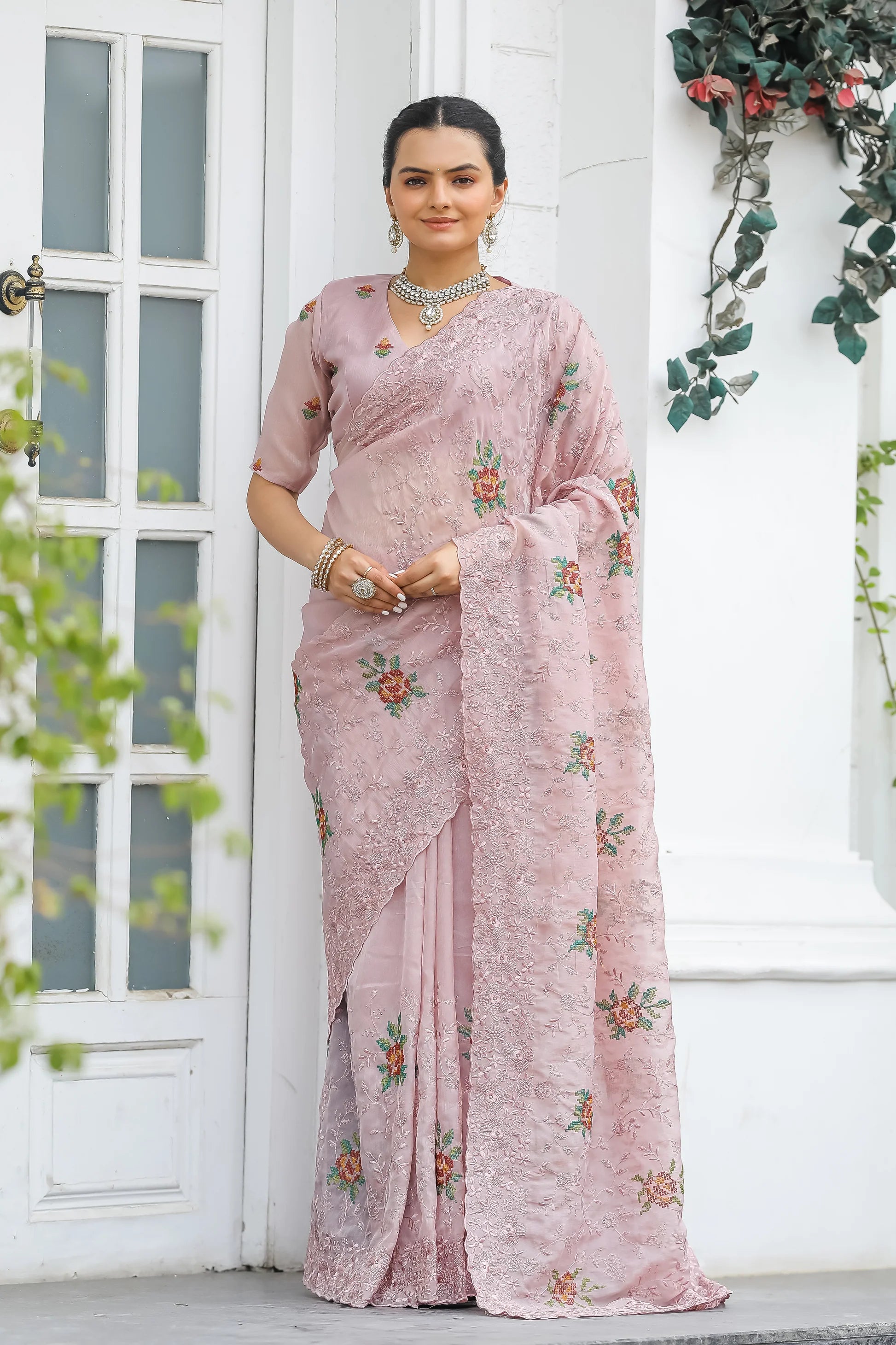 Dixz Fashion Pure Zari Chiffon Saree with Embroidery & Cutwork