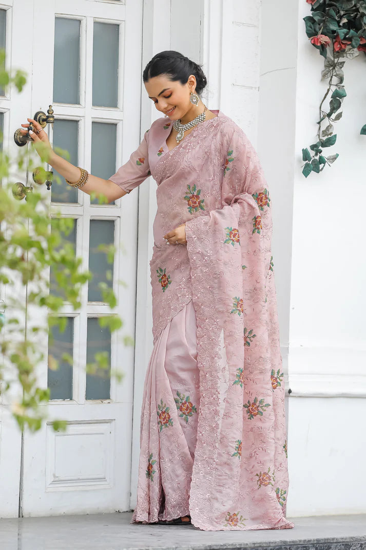 Dixz Fashion Pure Zari Chiffon Saree with Embroidery & Cutwork