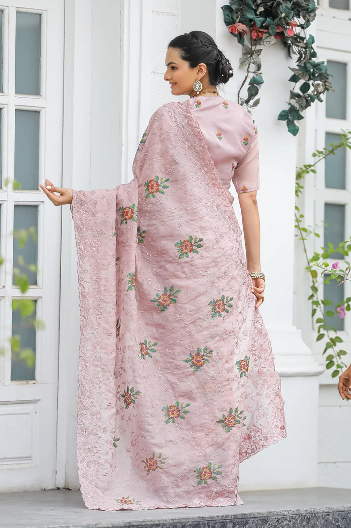 Dixz Fashion Pure Zari Chiffon Saree with Embroidery & Cutwork
