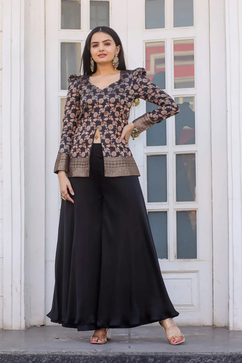 Dixz Fashion Silk Peplum & Satin Georgette Palazzo Set with Puffed Sleeves
