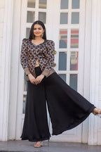 Dixz Fashion Silk Peplum & Satin Georgette Palazzo Set with Puffed Sleeves