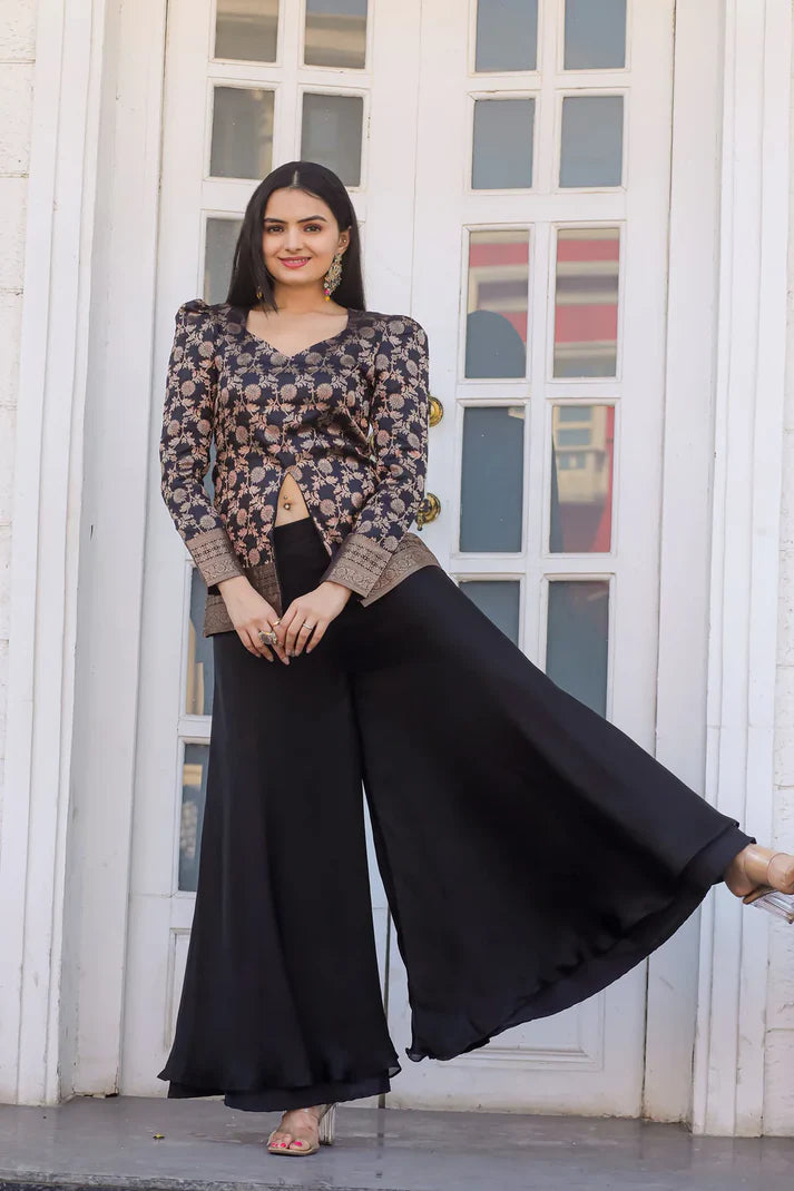 Dixz Fashion Silk Peplum & Satin Georgette Palazzo Set with Puffed Sleeves