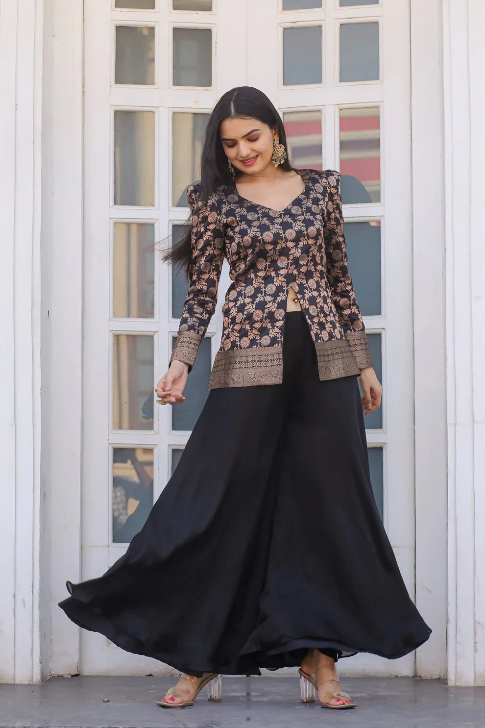 Dixz Fashion Silk Peplum & Satin Georgette Palazzo Set with Puffed Sleeves