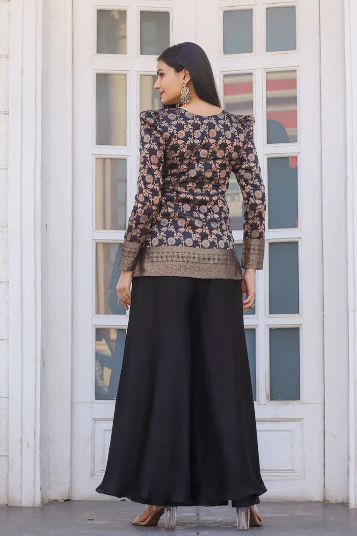 Dixz Fashion Silk Peplum & Satin Georgette Palazzo Set with Puffed Sleeves