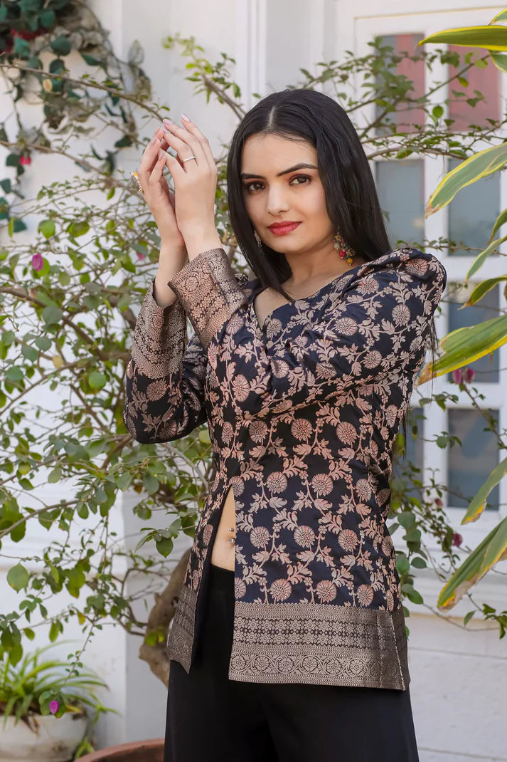 Dixz Fashion Silk Peplum & Satin Georgette Palazzo Set with Puffed Sleeves