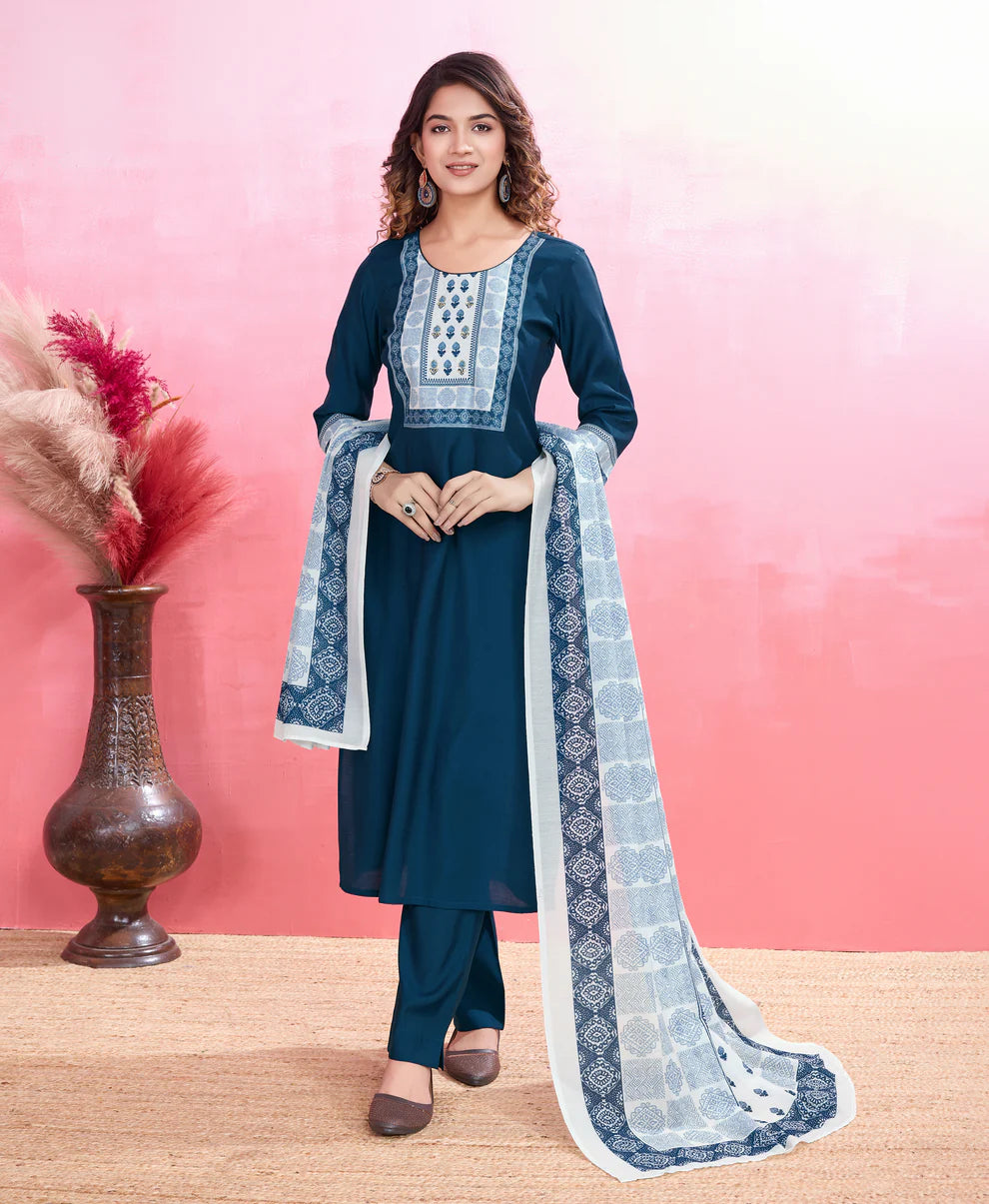 Dixz Fashion Elegant Viscose Silk Ethnic Suit Set with Printed Dupatta – Premium Quality
