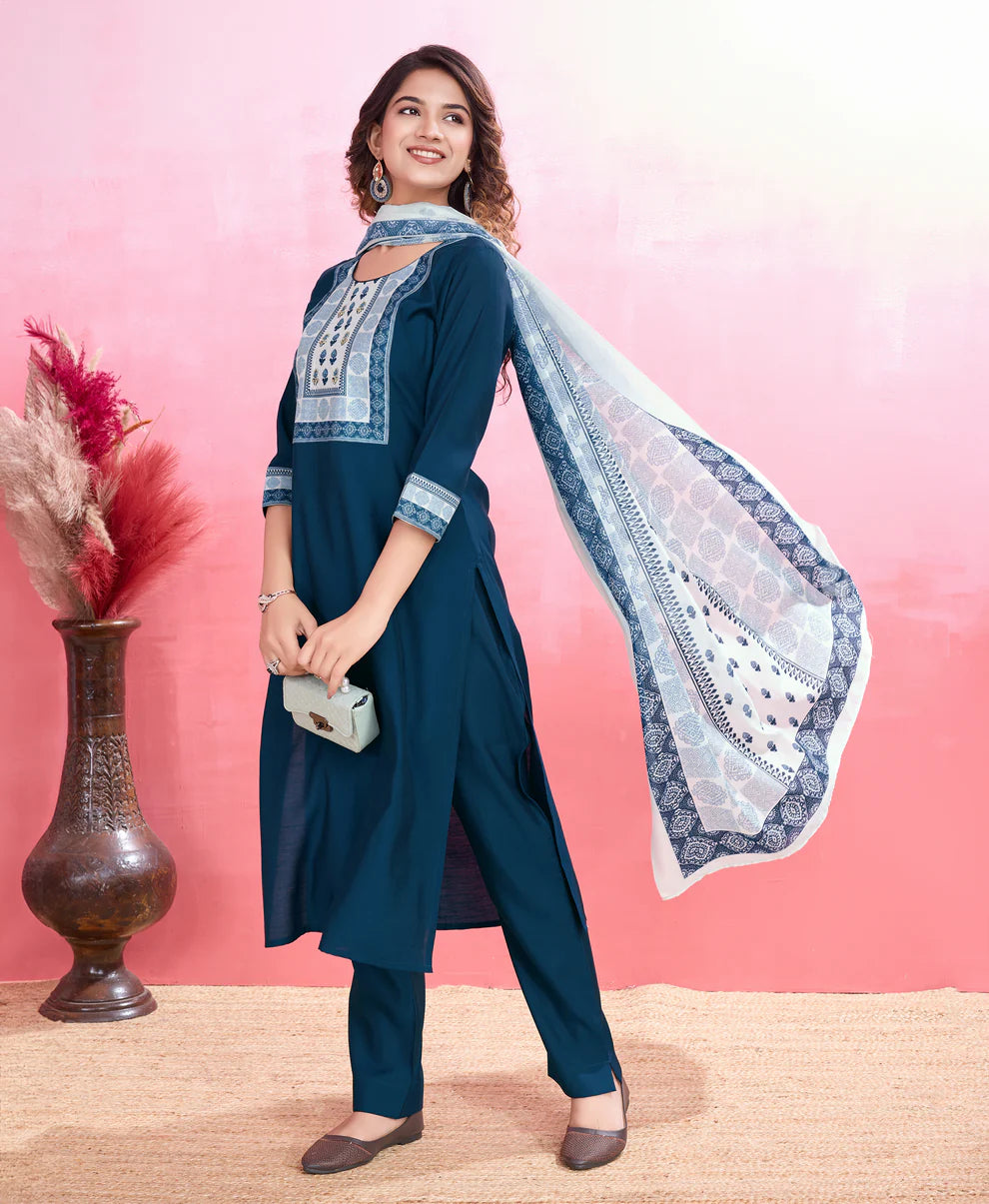 Dixz Fashion Elegant Viscose Silk Ethnic Suit Set with Printed Dupatta – Premium Quality