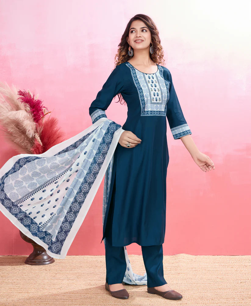 Dixz Fashion Elegant Viscose Silk Ethnic Suit Set with Printed Dupatta – Premium Quality
