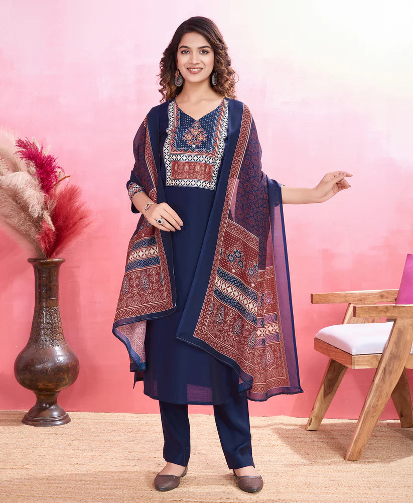 Dixz Fashion Elegant Viscose Silk Ethnic Suit Set with Printed Dupatta – Premium Quality