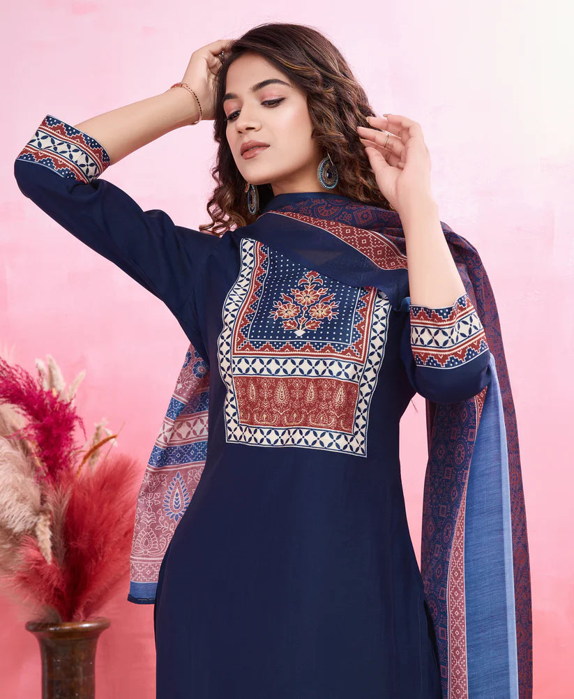 Dixz Fashion Elegant Viscose Silk Ethnic Suit Set with Printed Dupatta – Premium Quality