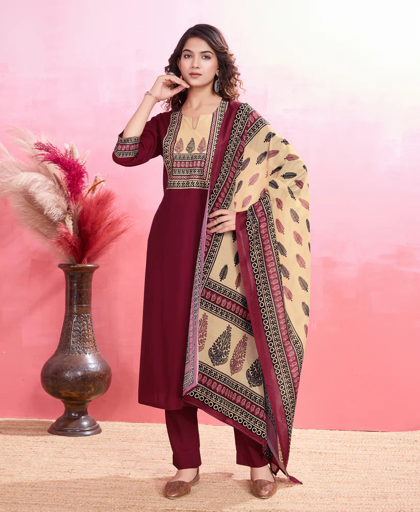 Dixz Fashion Elegant Viscose Silk Ethnic Suit Set with Printed Dupatta – Premium Quality