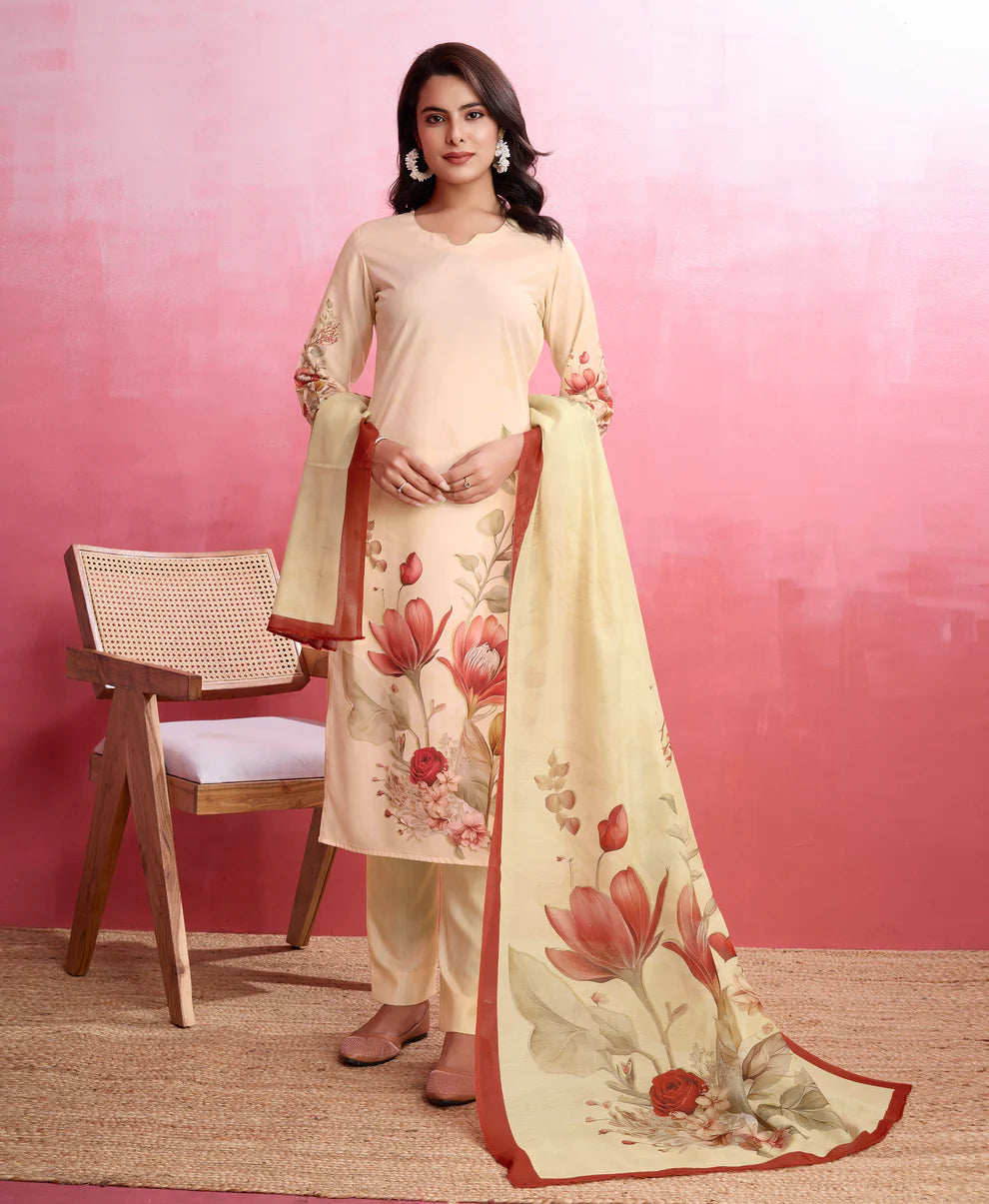 Dixz Fashion Elegant Crepe Floral & Leaf Embellished Kurta Set