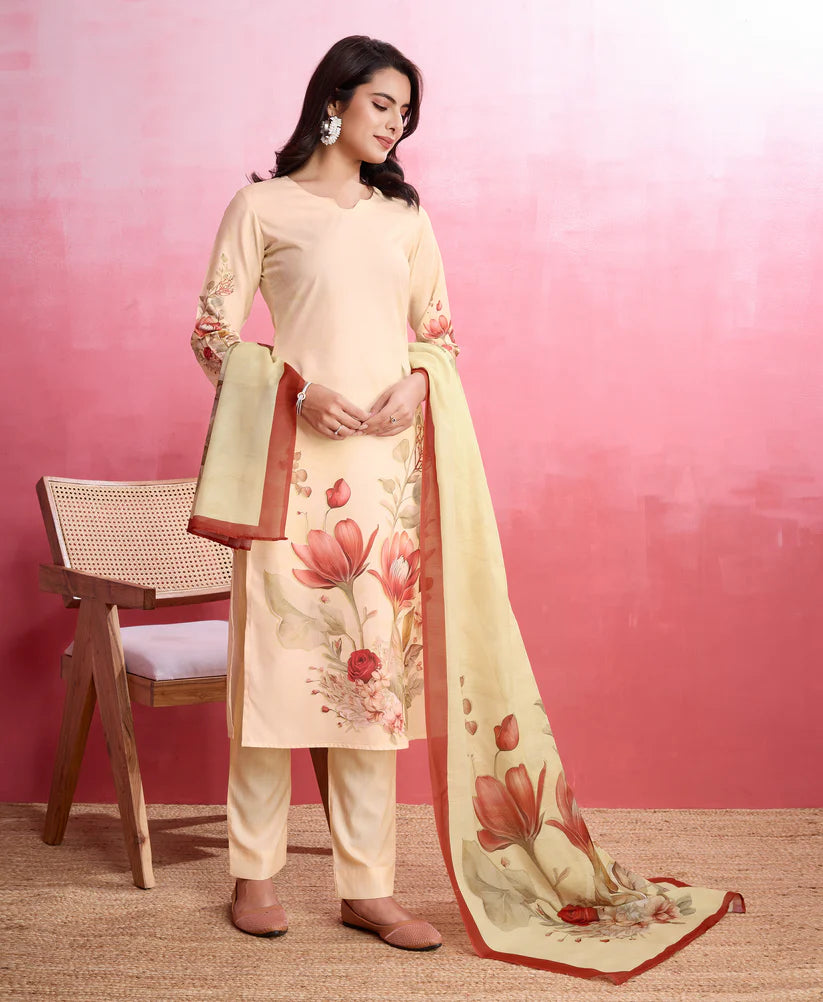 Dixz Fashion Elegant Crepe Floral & Leaf Embellished Kurta Set