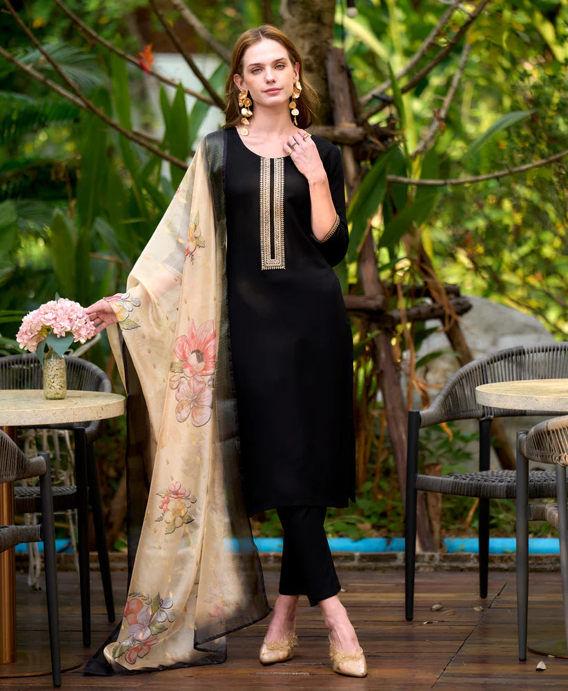 Dixz Fashion Black Viscose Rayon Embroidered Straight Kurta Set with Pant & Printed Dupatta