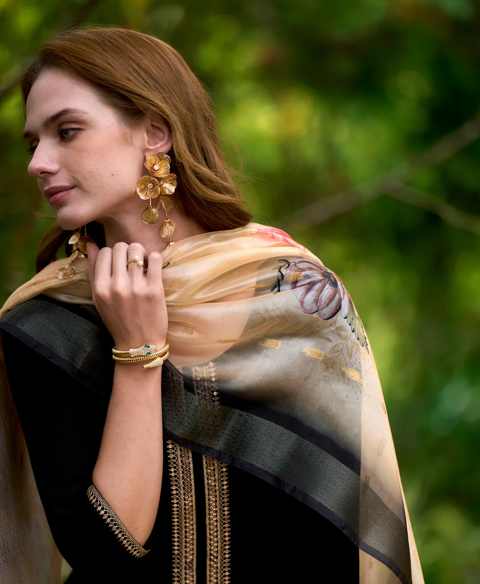 Dixz Fashion Black Viscose Rayon Embroidered Straight Kurta Set with Pant & Printed Dupatta