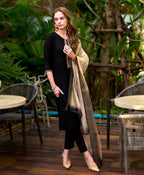 Dixz Fashion Black Viscose Rayon Embroidered Straight Kurta Set with Pant & Printed Dupatta