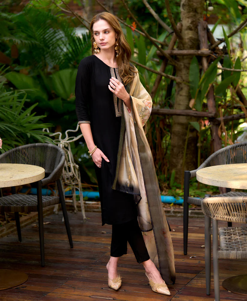 Dixz Fashion Black Viscose Rayon Embroidered Straight Kurta Set with Pant & Printed Dupatta