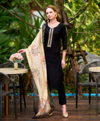 Dixz Fashion Black Viscose Rayon Embroidered Straight Kurta Set with Pant & Printed Dupatta