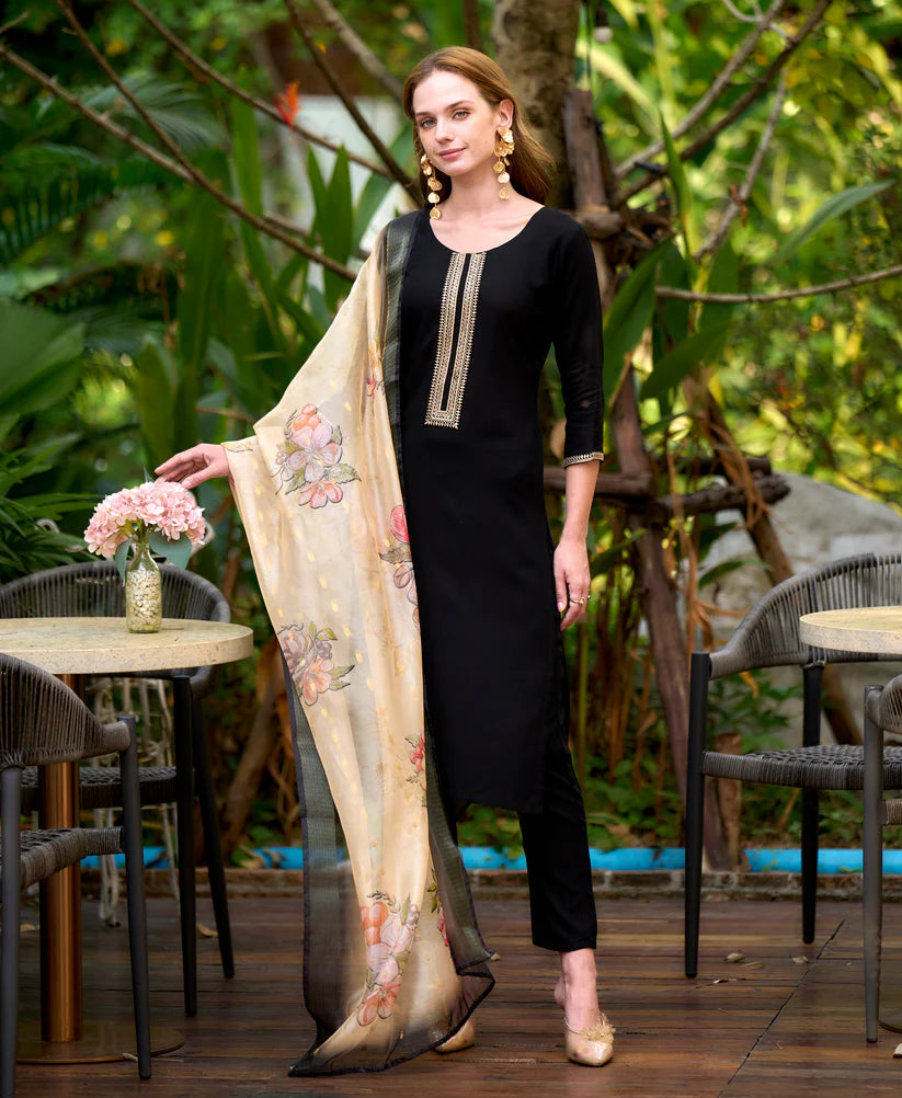 Dixz Fashion Black Viscose Rayon Embroidered Straight Kurta Set with Pant & Printed Dupatta