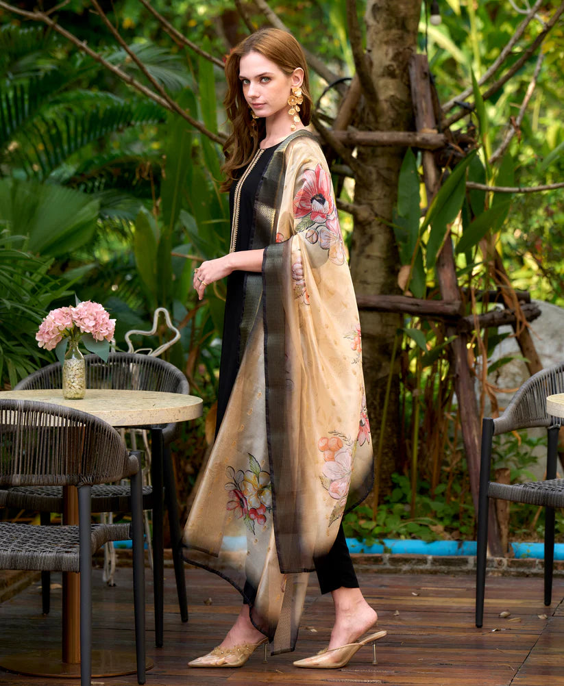 Dixz Fashion Black Viscose Rayon Embroidered Straight Kurta Set with Pant & Printed Dupatta